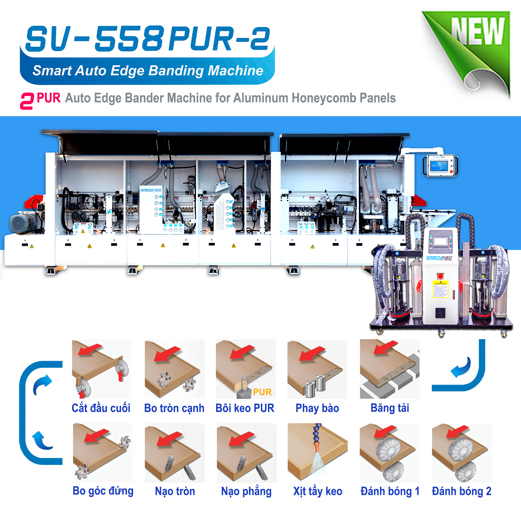 Máy dán cạnh 9 công năng ( đánh bóng kép ) đặc biệt dán bản hẹp chạy bánh xe mềm dẻo chuyên dụng cho tấm nhôm tổ ong và dán gỗ Model. SV - 558 PUR - 2