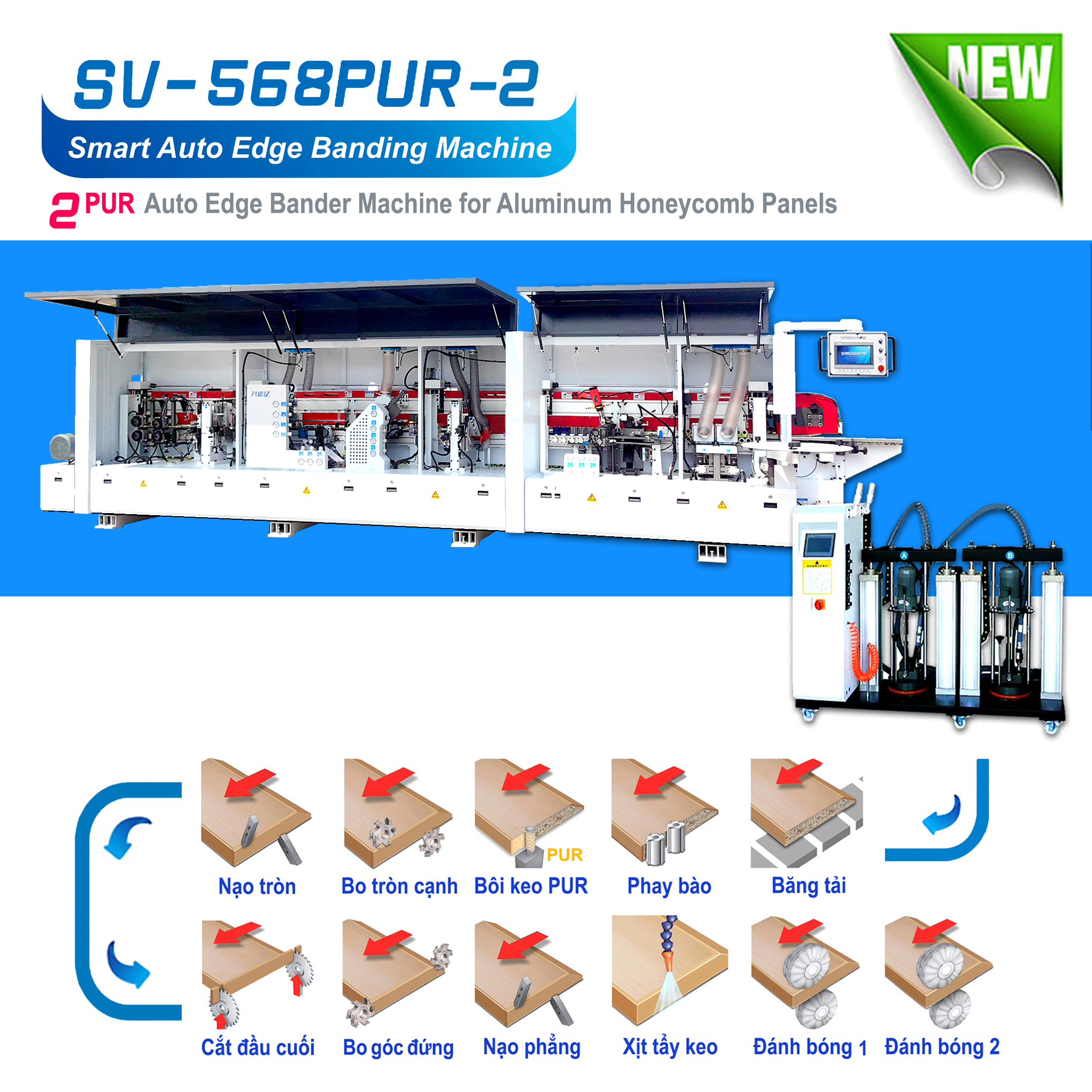 Máy dán cạnh 9 công năng ( đánh bóng kép ) dòng tải nặng chạy dây đai BELT chuyên dụng cho tấm nhôm tổ ong và gỗ Model. SV - 568 PUR - 2