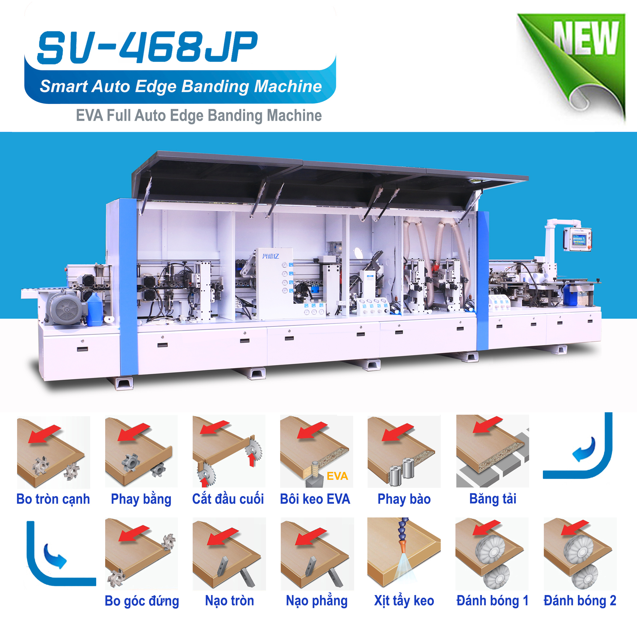 Máy dán cạnh tự động 10 công năng sử dụng keo EVA hạt nóng chẩy (9 chức năng dán sửa cạnh nẹp + 1 chức năng xịt vệ sinh keo)  SV - 468JP